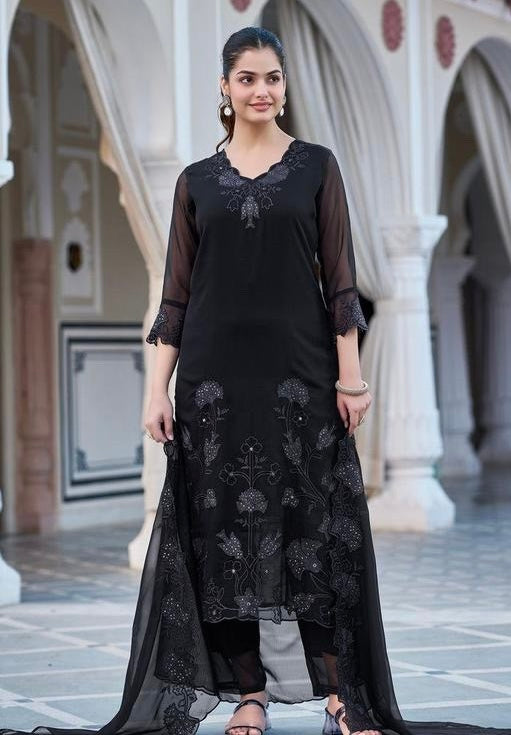 Black Embroidered Kurti Set